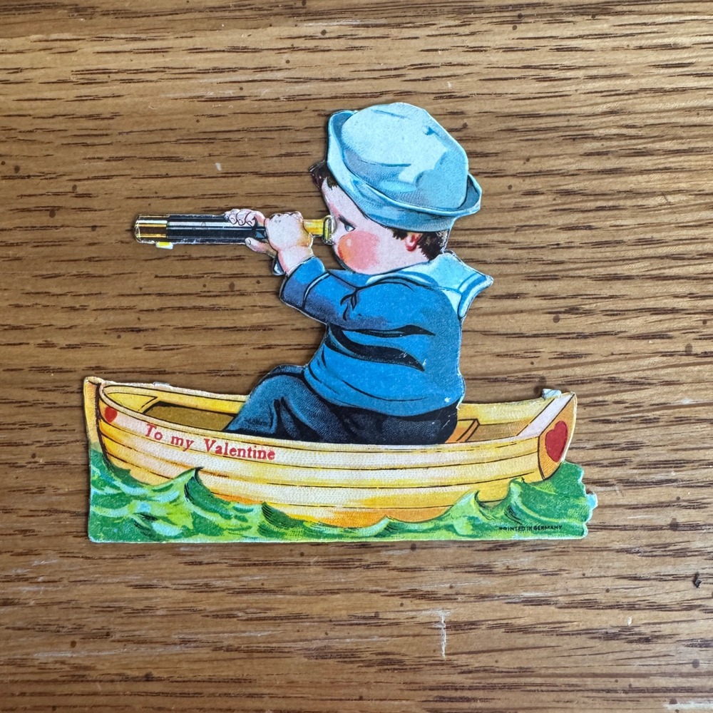 Vintage Sailor Boy Valentine Card Boat Spyglass Nautical Die Cut Germany‎